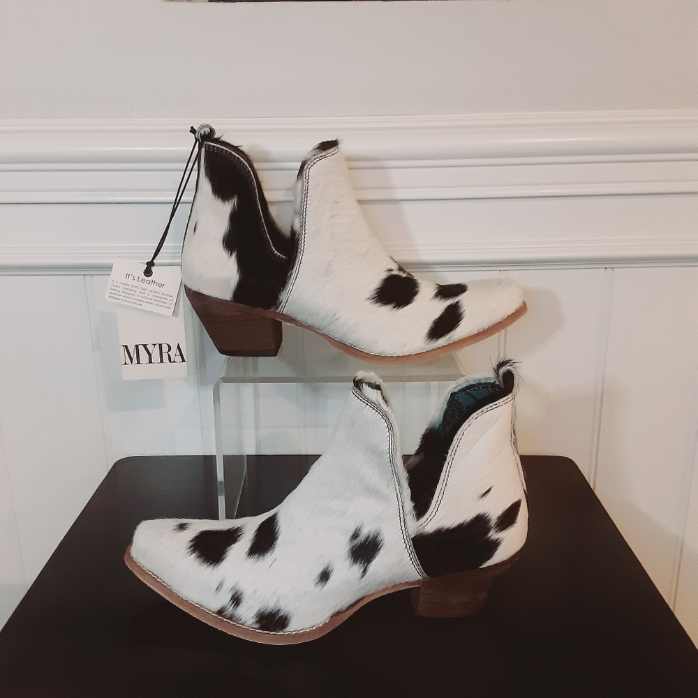 Myra Bag Black and White Cowhide Heeled Ankle Boots